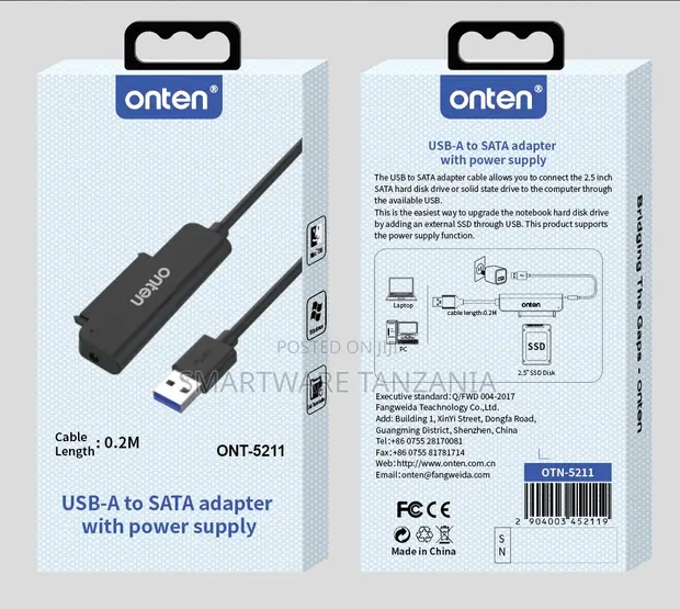 Onten USB-A to SATA Adapter with Power Supply, 0.2M - 1