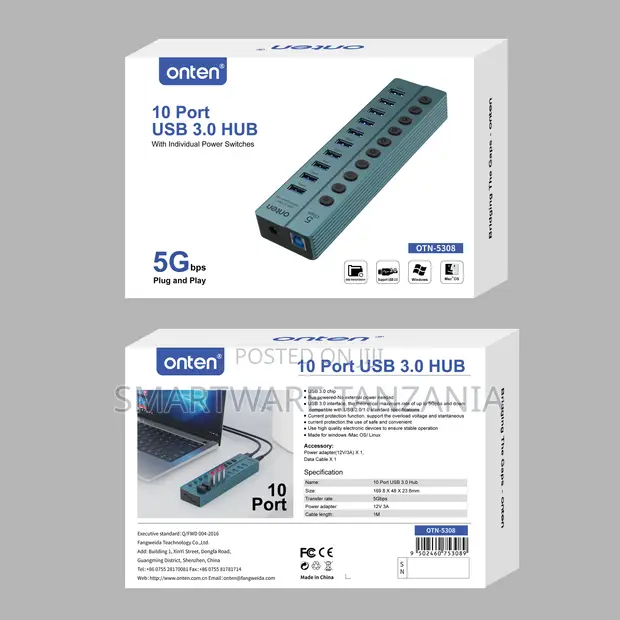 Onten 10-Port USB 3.0 Hub with Power Switches - 1