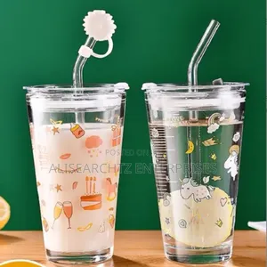 Cute 400ml Glass Mug with Silicone Straw and Lid