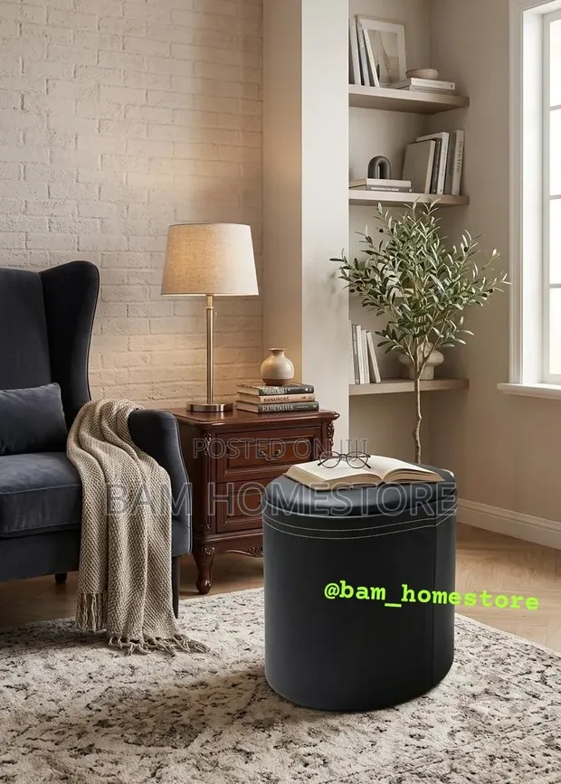 Brand New Faux Leather Ottoman / Round Pouf Footrest Stool - 1