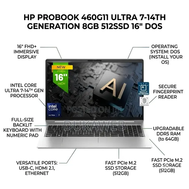 New HP ProBook 460 G11 Laptop: Intel Core Ultra 7, 8GB RAM, 512GB SSD - 1