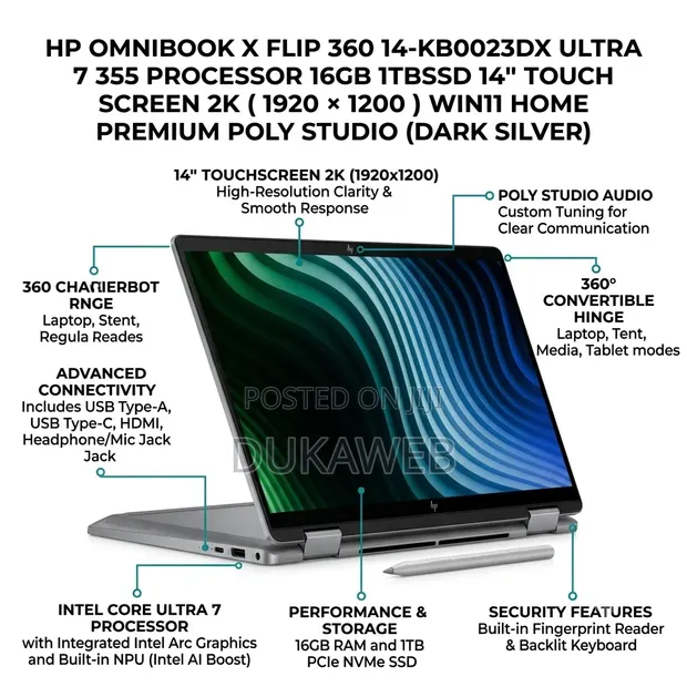 Laptop Mpya HP OmniBook X Flip 14" - Intel Core Ultra 7, 16GB RAM, 1TB SSD - 1