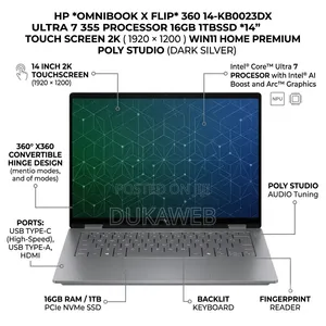 Laptop Mpya HP OmniBook X Flip 14" - Intel Core Ultra 7, 16GB RAM, 1TB SSD