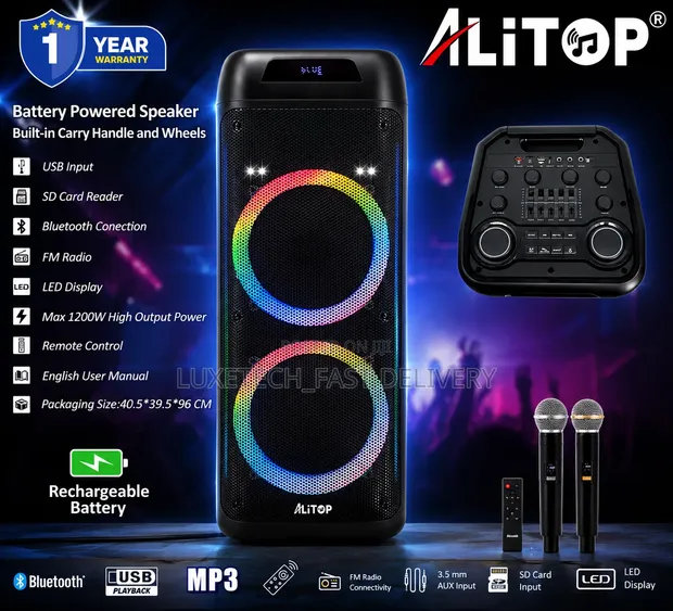 ALiTOP 120W Rechargeable Party PA Speaker with 2 Wireless Mics - 1