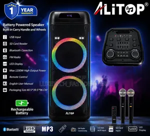 ALiTOP 120W Rechargeable Party PA Speaker with 2 Wireless Mics