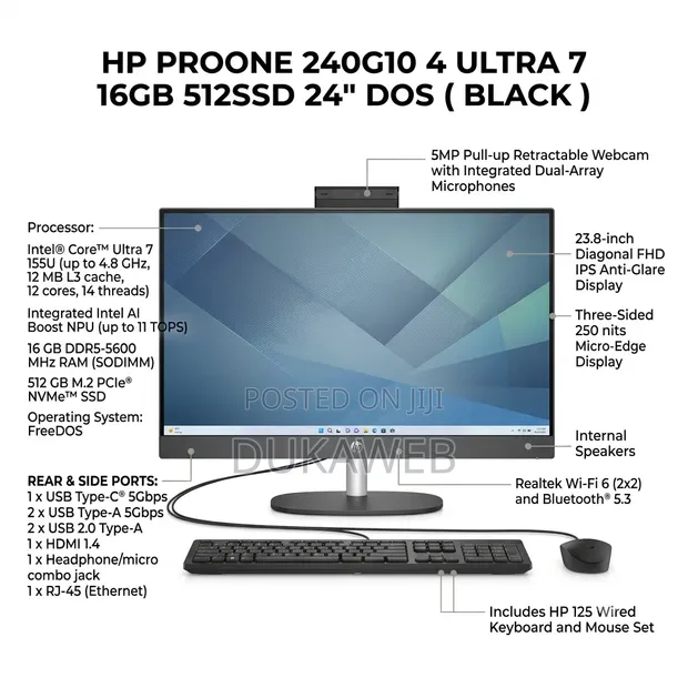 New HP ProOne 240 G10 All-in-One: Intel Core Ultra 7, 16GB RAM, 512GB SSD - 1