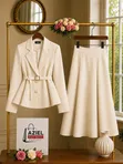 Women's Belted Blazer & Skirt Suit - 3