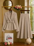 Women's Belted Blazer & Skirt Suit - 4