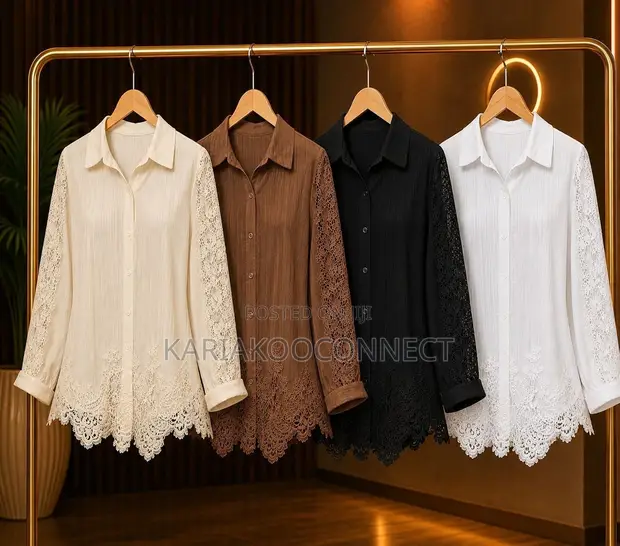 Crochet Lace-Sleeve Button-Down Tunic Shirt - 1
