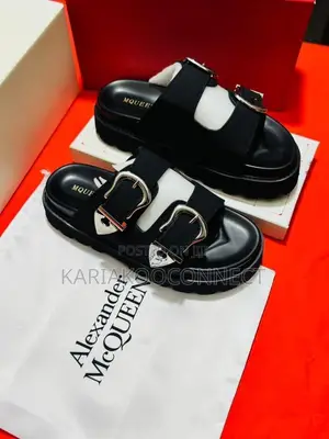 Men's Double-Buckle Leather Slide Sandals