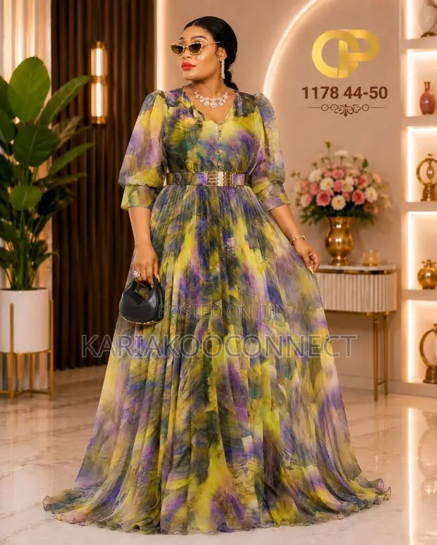 Abstract Print Pleated Chiffon Maxi Dress with Belt - 1