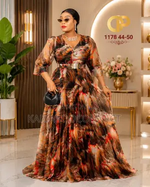 Abstract Print Pleated Chiffon Maxi Dress with Belt