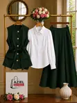 Elegant 3-Piece Vest, Shirt & Skirt Suit - 4