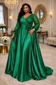 Gauni la Satin la Mpira lenye Mikono ya Lace na Maua kwenye Kiuno - 2