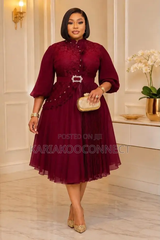 Chiffon Lace Fit & Flare Dress yenye Sketi ya Pleated - 1