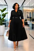 Kanzu ya Pamba ya Kufunga yenye Sketi ya Midi Iliyokunjwa & Brooch ya Maua - 1