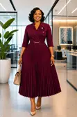 Kanzu ya Pamba ya Kufunga yenye Sketi ya Midi Iliyokunjwa & Brooch ya Maua - 2