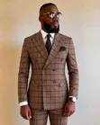 Mario Casas Double-Breasted Plaid Suit - Brown - 1