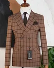 Mario Casas Double-Breasted Plaid Suit - Brown - 2