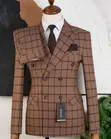Mario Casas Double-Breasted Plaid Suit - Brown - 3
