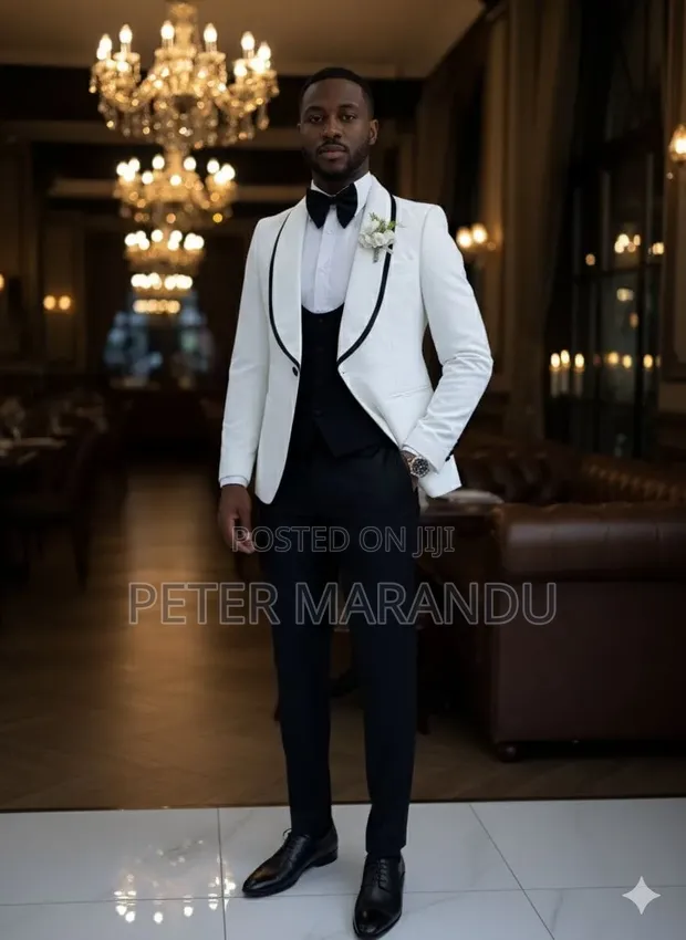 Tuxedo ya Kifahari Nyeupe/Ivory kwa Wanaume na Shawl Piping - 1
