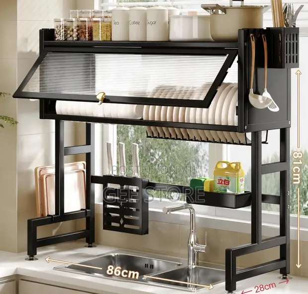 Two-Tier Stainless Steel Over-Sink Dish Drying Rack with Dust Cover - 1