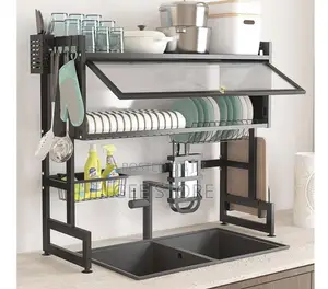 Two-Tier Stainless Steel Over-Sink Dish Drying Rack with Dust Cover