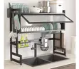 Two-Tier Stainless Steel Over-Sink Dish Drying Rack with Dust Cover - 2