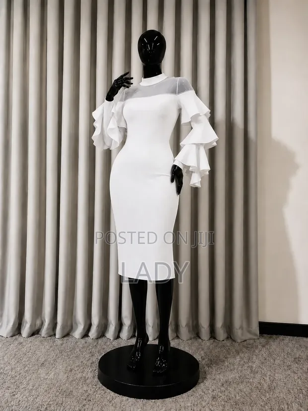 FC4 London White Ruffle Sleeve Bodycon Midi Dress - Size UK 12 - 1