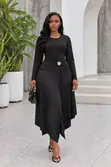 Gauni la Silk la Ruched Midi na Maua Kiunoni - 3