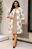 Elegant Burgundy & Cream Maple Leaf Print Coat Dress - 5