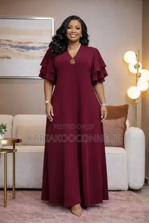 Gauni Refu la V-Neck Lenye Mikono ya Ruffles