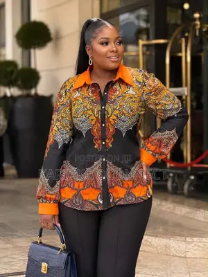 Baroque Print Button-Down Blouse with Contrast Collar & Cuffs