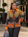 Baroque Print Button-Down Blouse with Contrast Collar & Cuffs - 2