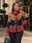 Baroque Print Button-Down Blouse with Contrast Collar & Cuffs - 3