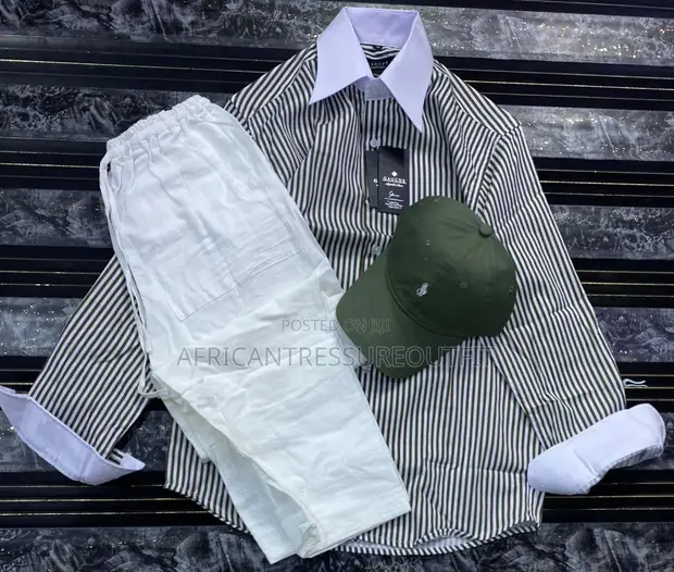 Men's Striped Shirt and Trouser Set with Cap - 1