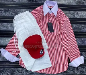 Men's Striped Shirt and Trouser Set with Cap