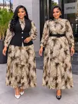Abstract Feather-Print Two-Piece Blazer Dress Set - 3