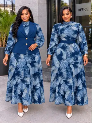 Seti ya Vazi la Blazer na Gauni Lenye Chapa ya Manyoya (Abstract Feather-Print)