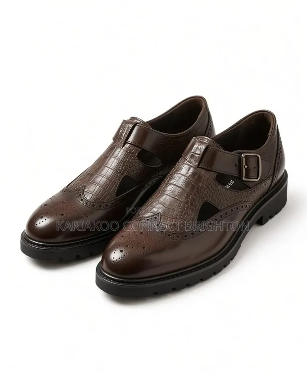 Brown Crocodile Texture Buckle Shoes - 1