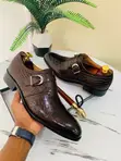 Berluti-Style Crocodile-Embossed Monk Strap Shoes - Black Coffee - 1