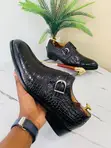 Berluti-Style Crocodile-Embossed Monk Strap Shoes - Black Coffee - 5