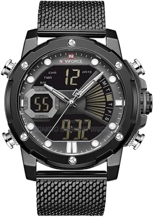 Naviforce Saa ya Wanaume Nyeusi Kidijitali-Analogi Kamba ya Mesh