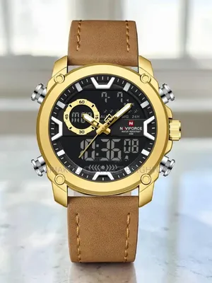 Naviforce Men's Gold-Tone Digital-Analog Leather Strap Watch