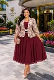 Set ya Gauni na Blazer ya Maua - Navy Blue/Maroon - 5