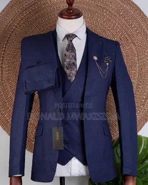 Suti ya Premium Joselino Navy Blue 3-Piece Double-Breasted