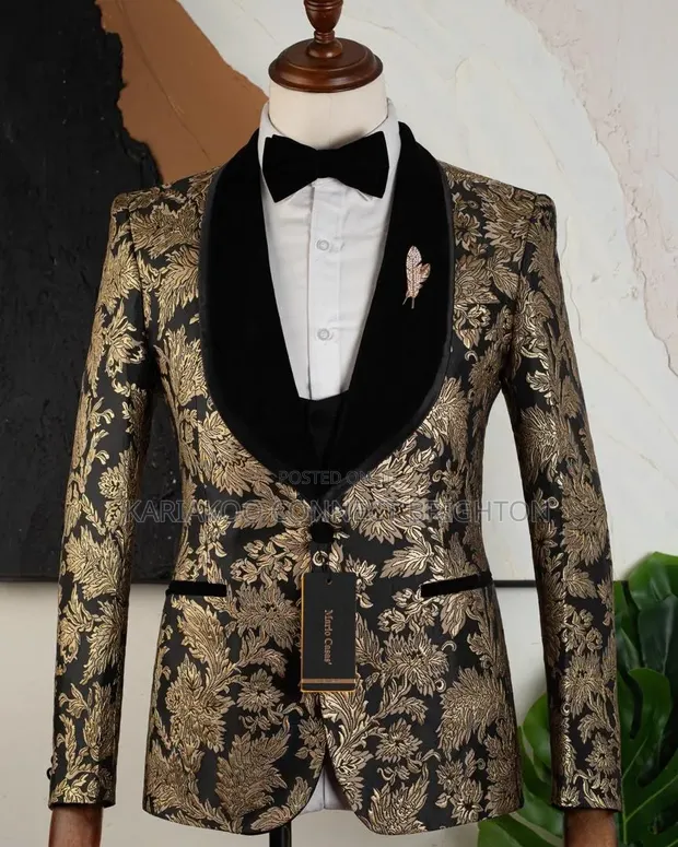 Mario Casas Black Gold Floral Jacquard 3-Piece Suit Combo - 1