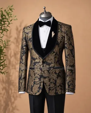 Mario Casas Black Gold Floral Jacquard 3-Piece Suit Combo