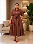 Kanzu ya Mkato ya Midi yenye Mikunjo Mbele - 1