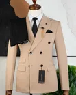 Mario Casas Beige Double-Breasted Peak-Lapel Suit Combo - 1